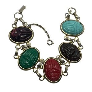 Scarab beetle Egyptian revival carved colorful cabochon vintage bracelet gold